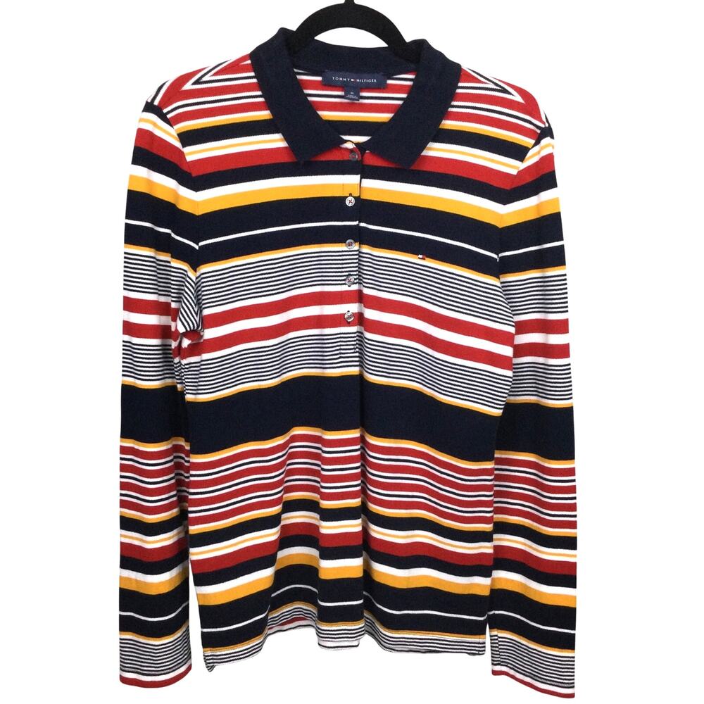 Tommy Hilfiger Retro Preppy Striped Collared Casual Long Sleeve Polo Shirt M